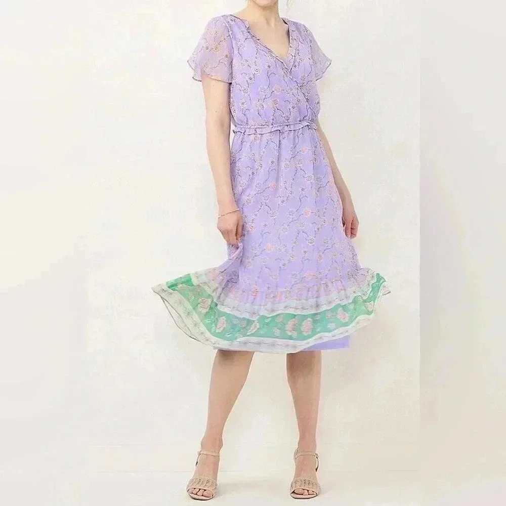 LC Lauren Conrad Flutter Sleeve Faux-Wrap Midi Dress Purple Floral Plus Size 4X